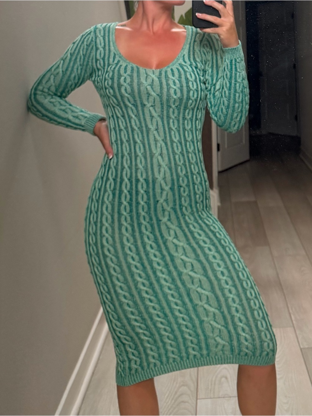 Green Cable-Knit Bodycon Dress - Women